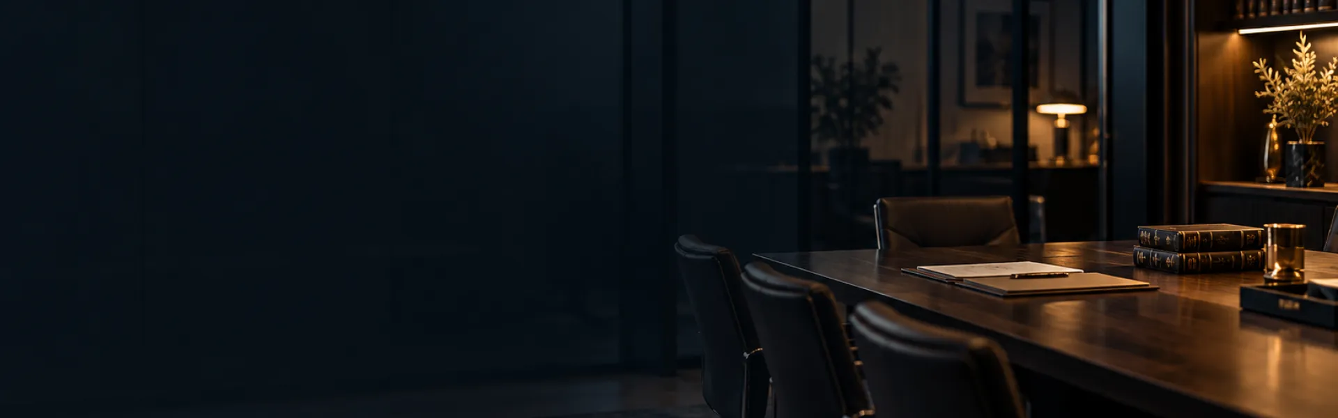 Sala de reunión con iluminación tenue y mesa de trabajo